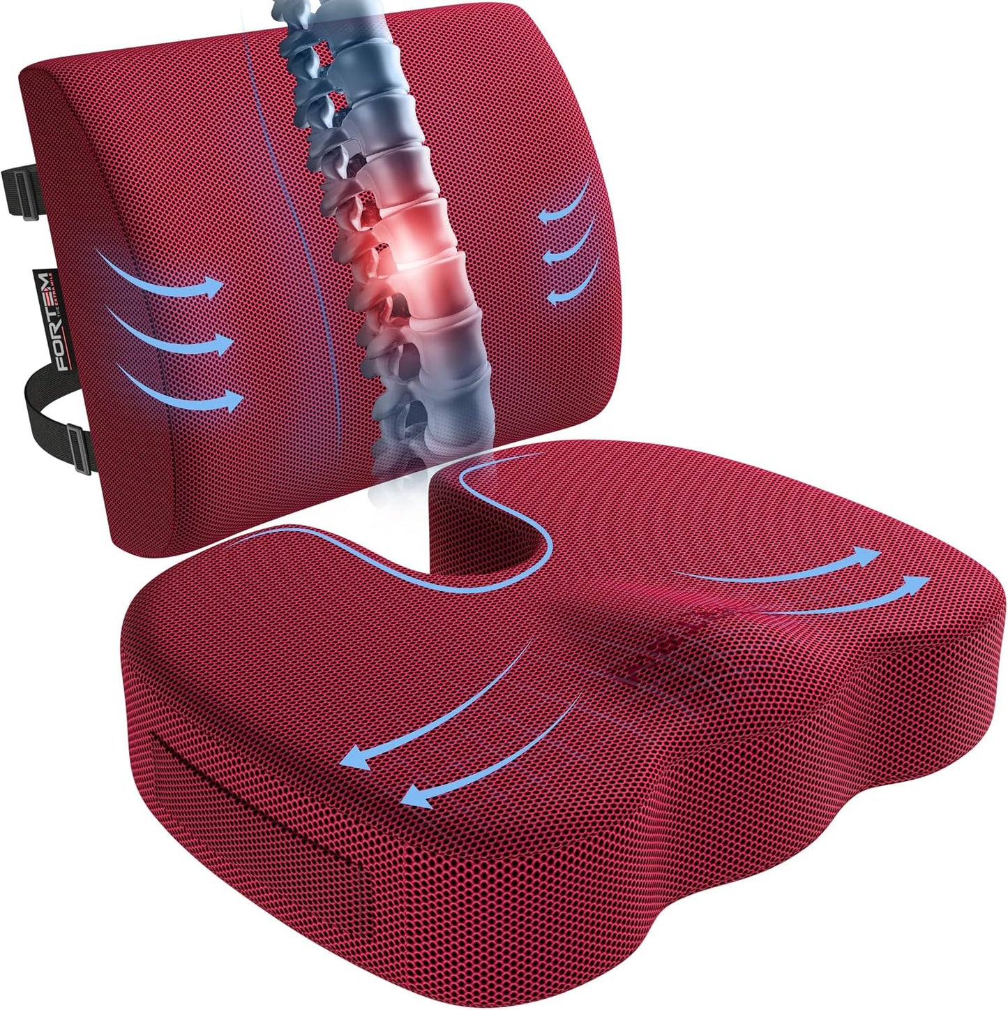FORTEM Seat Cushion, Office Chair Cushion, Lumbar Support Pillow for Office Chair, Memory Foam Car Seat Cushions, Sciatica Coccyx Tailbone Pain Relief, Cushions for Back Support, Washable, Non Slip