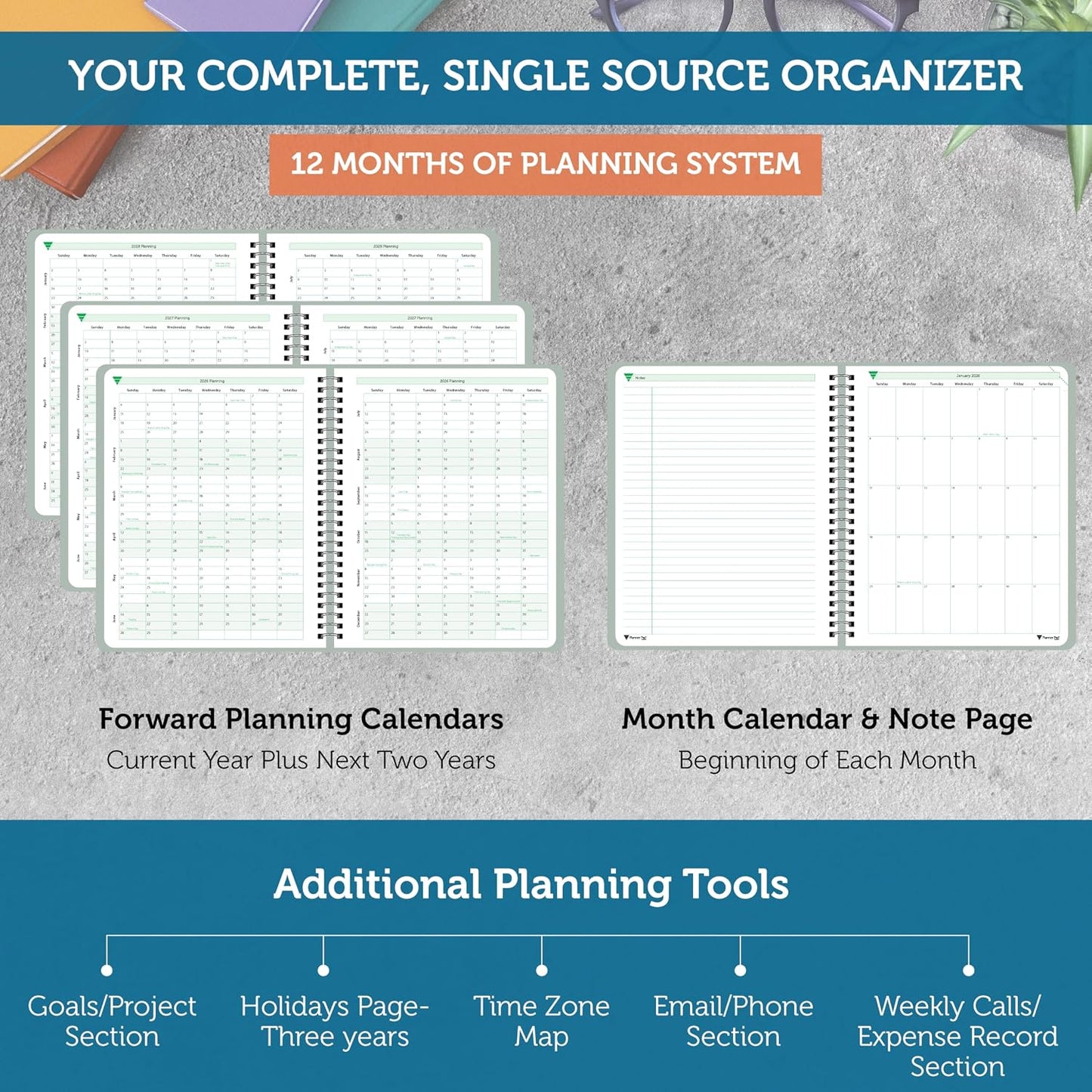 Planner Pad Spiral Bound July 2026 – June 2027 / Academic Year 8 1/2" x 11" Large 3-Tier Funnel Down 12 Month/Weekly Size Organizer, Greenish Grey Cover/Soft Green Ink