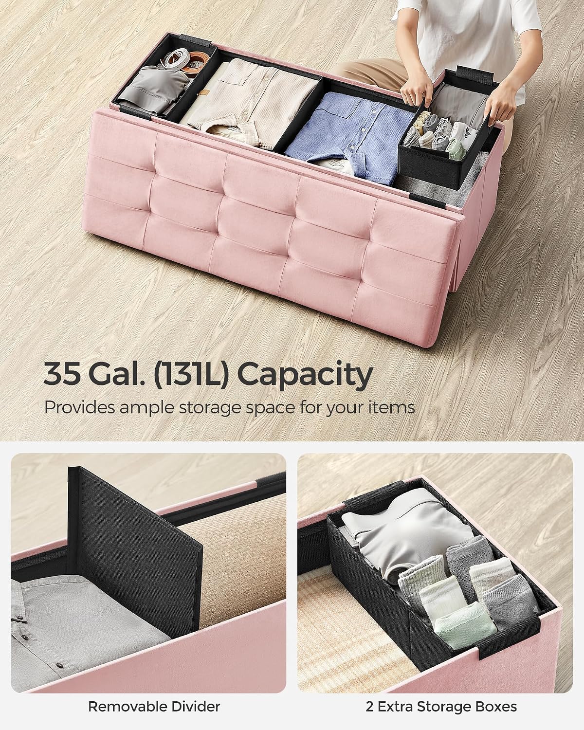 SONGMICS Mazie Collection - Storage Ottoman Bench, Foldable Foot Rest, 15 x 43 x 15 Inches, End of Bed Bench, Storage Chest, Load 660 lb, Living Room, Bedroom, Entryway, Jelly Pink ULSF277R01