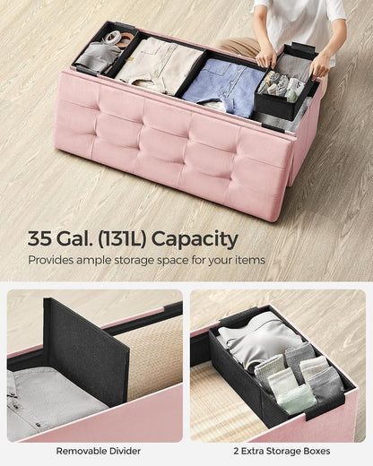 SONGMICS Mazie Collection - Storage Ottoman Bench, Foldable Foot Rest, 15 x 43 x 15 Inches, End of Bed Bench, Storage Chest, Load 660 lb, Living Room, Bedroom, Entryway, Jelly Pink ULSF277R01