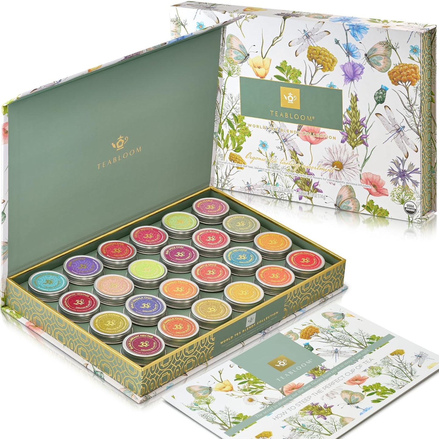 Teabloom Exceptional Organic & Kosher Certified Loose Leaf Tea Chest, World's Largest Tea Collection with 24 Varieties of Black, Green, White, Oolong, and Herbal Teas