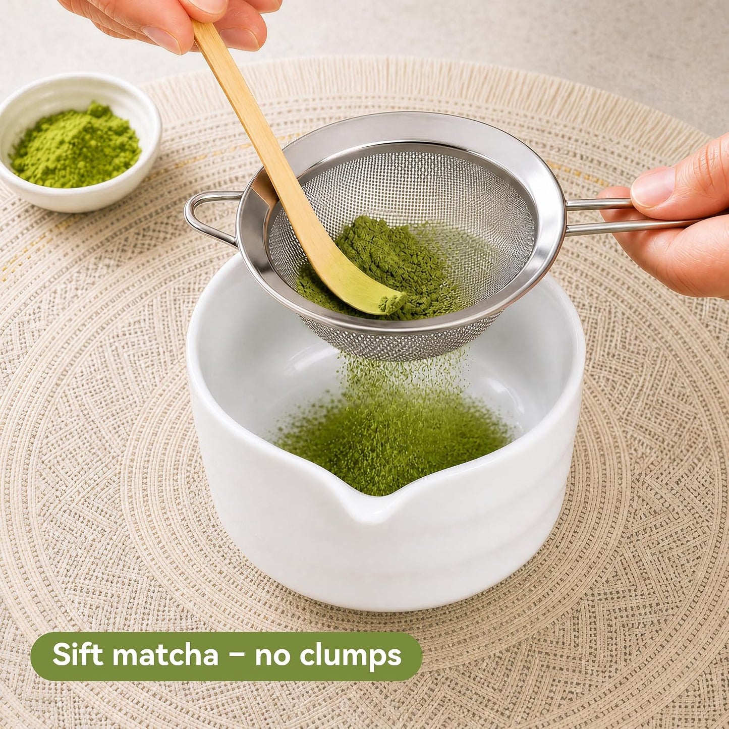 Matcha Whisk Set with Ceramic Bowl - Complete Matcha Making Kit, Bamboo Whisk (Chasen), Whisk Holder, Matcha Powder Sifter, Scoop, Japanese Tea Ceremony Tools（Green）