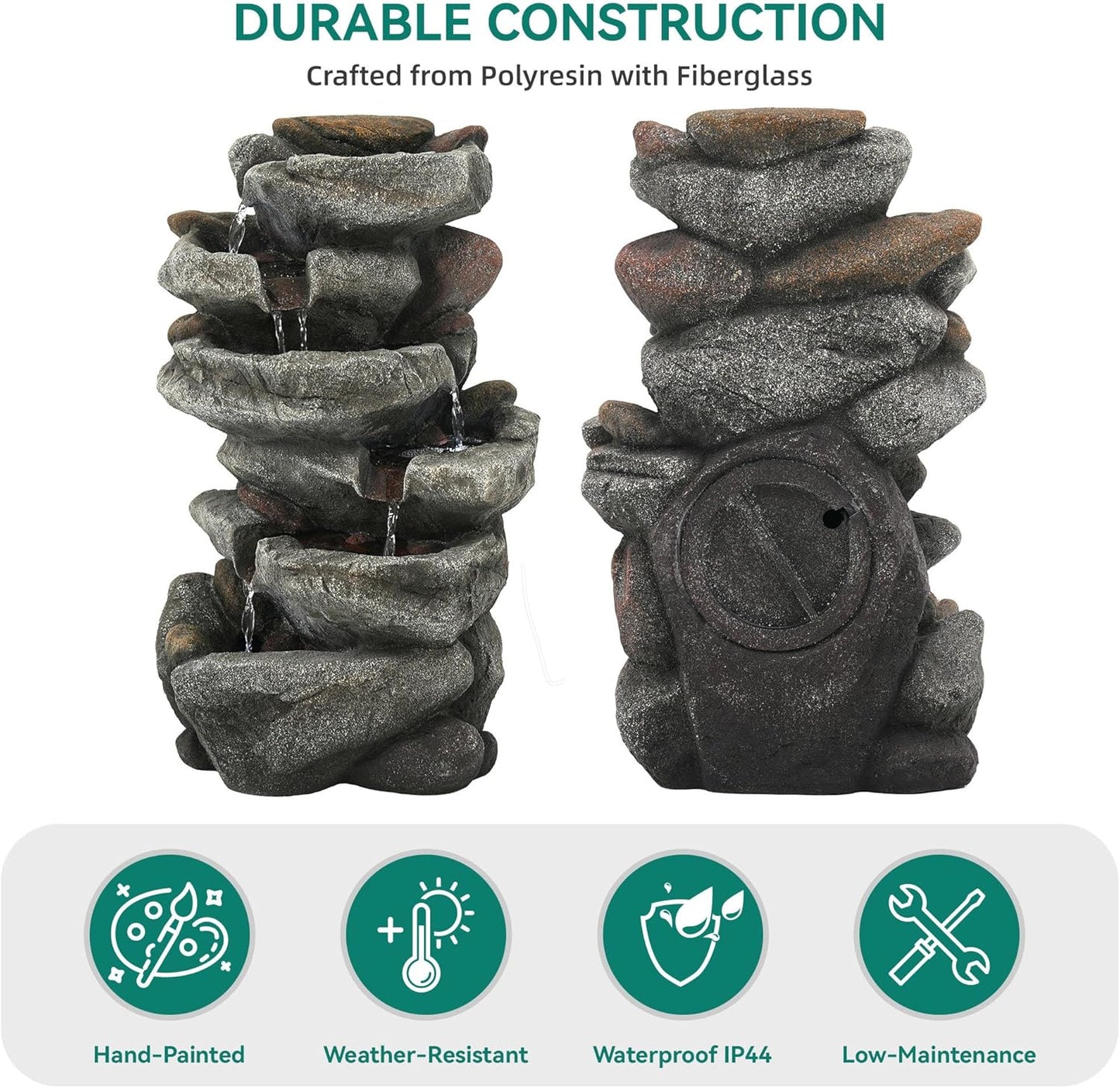 19.5" H 4-Tier Indoor & Outdoor Water Fountain with LED Lights | Resin Pebble Textured Tabletop Cascading Water Feature, Relaxing Decor for Patio, Porch, Deck, Yard & Home