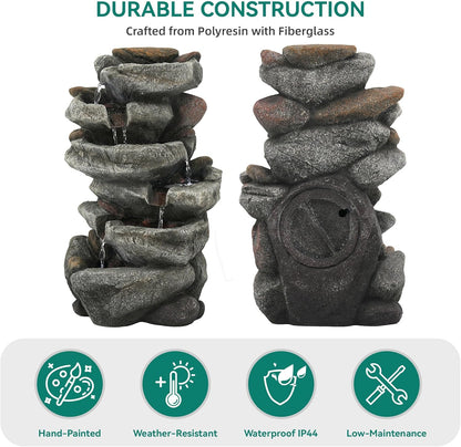 19.5" H 4-Tier Indoor & Outdoor Water Fountain with LED Lights | Resin Pebble Textured Tabletop Cascading Water Feature, Relaxing Decor for Patio, Porch, Deck, Yard & Home