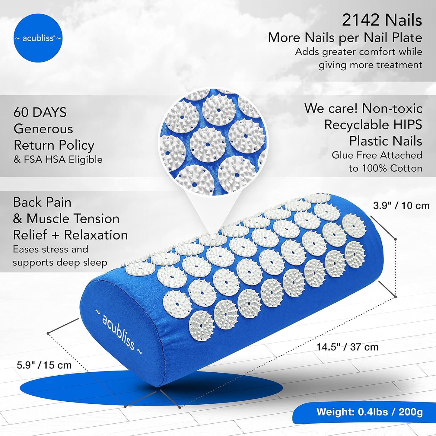 Premium Acupressure Mat, 8,358 Acupuncture Pressure Points for Back Pain Relief, Increased Energy, Relaxation with Drawstring Bag, 26x16x1", Blue
