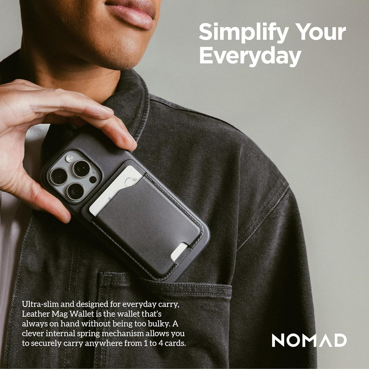 Nomad Leather Black Magsafe Wallet w/Integrated Tracking for iPhone, Slim Magsafe Card Holder for iPhone, Wallet GPS Tracker Card 5 Months Battery Life, Rechargeable, Compatible with iOS Only