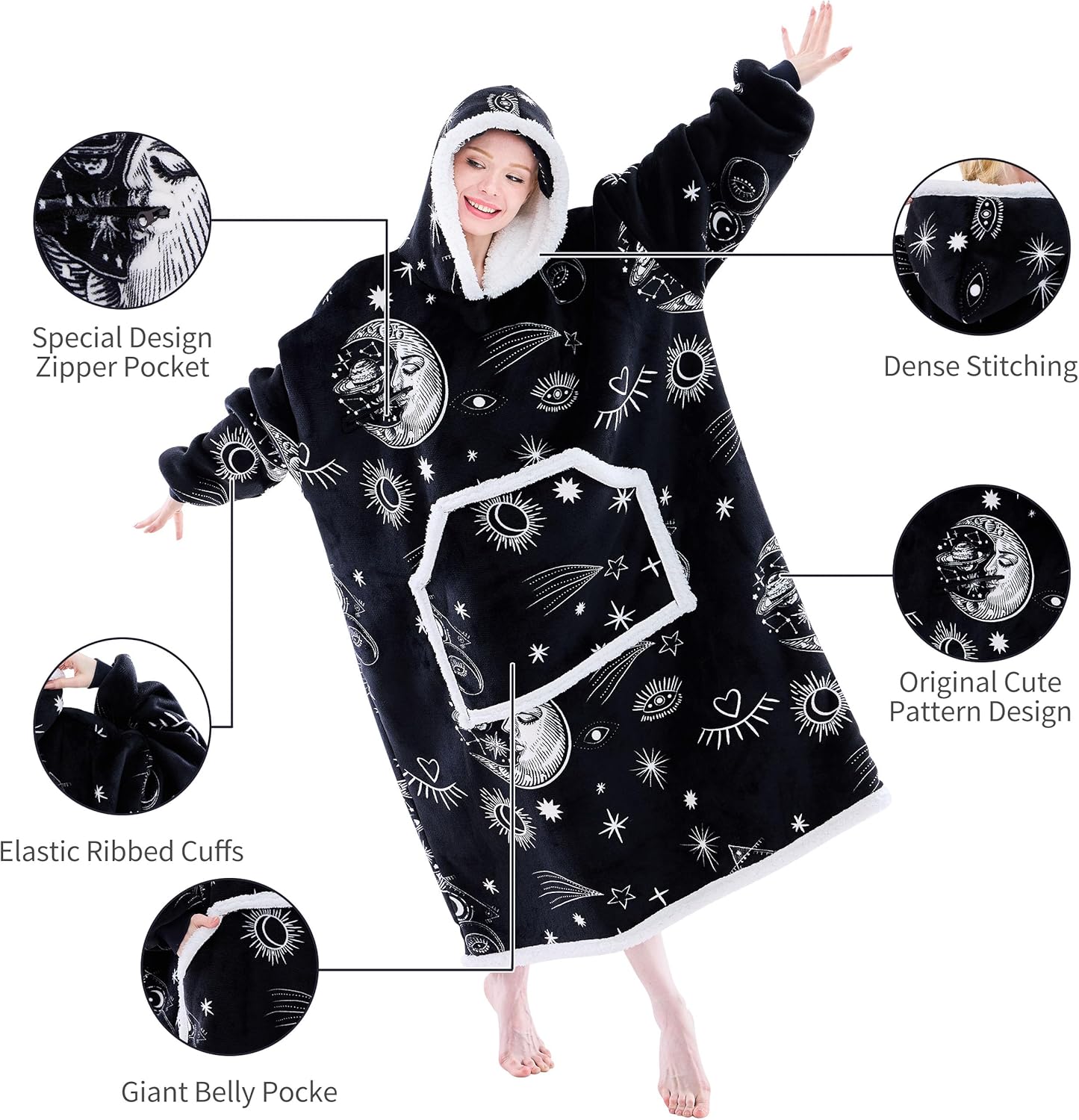 IFNOW Wearable Blanket Hoodie, Oversized Sherpa Fleece Hooded Blanket Sweatshirt with Eye Mask and Pocket, Comfy Long Flannel Blanket for Adults Men,Gifts for Women Mom Girlfriend,MoonFace