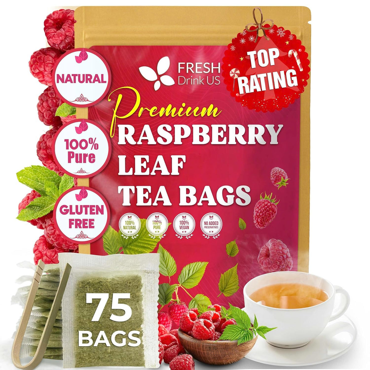 FreshDrinkUS, Premium Raspberry Leaf Tea, Pure, Caffeine Free