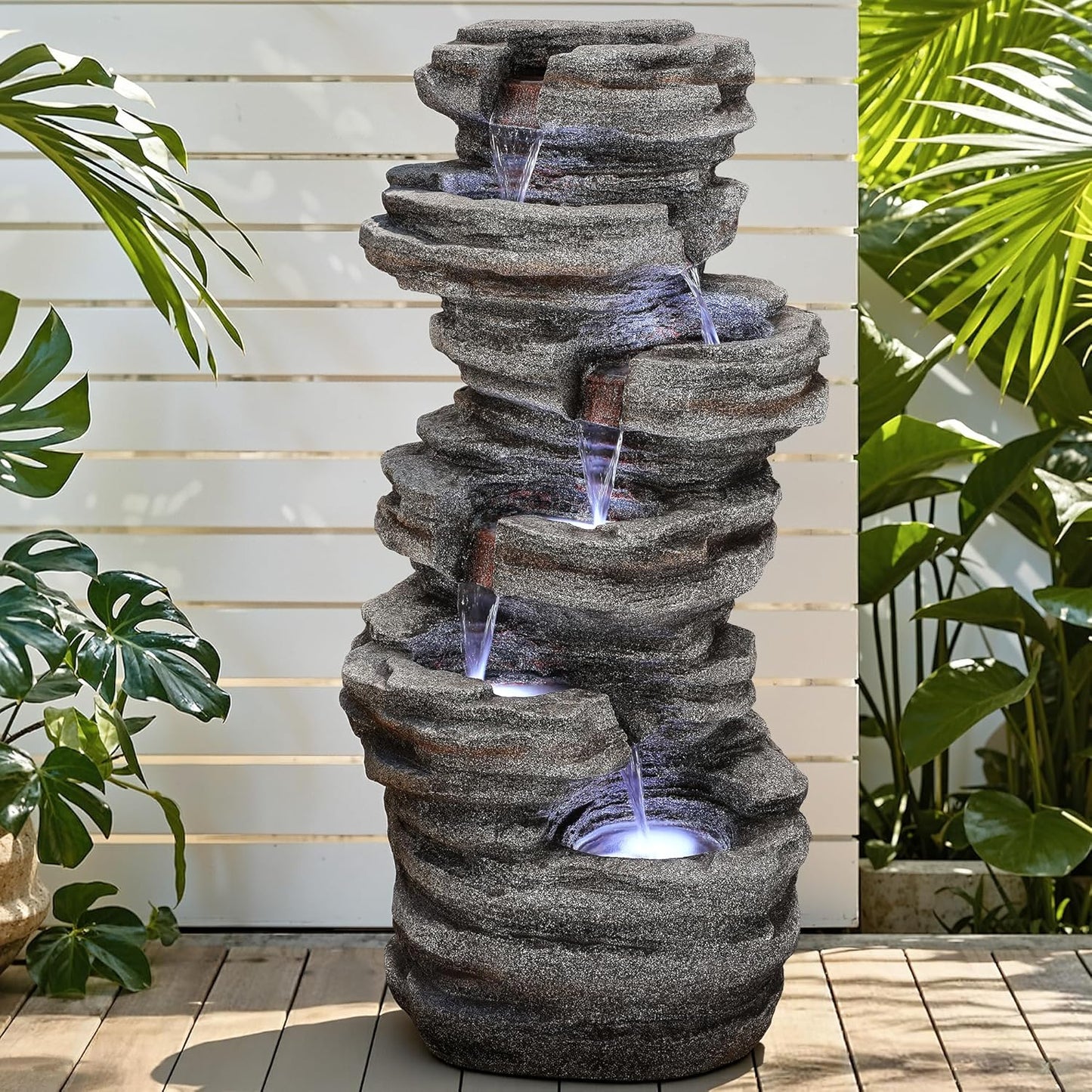 19.5" H 4-Tier Indoor & Outdoor Water Fountain with LED Lights | Resin Pebble Textured Tabletop Cascading Water Feature, Relaxing Decor for Patio, Porch, Deck, Yard & Home