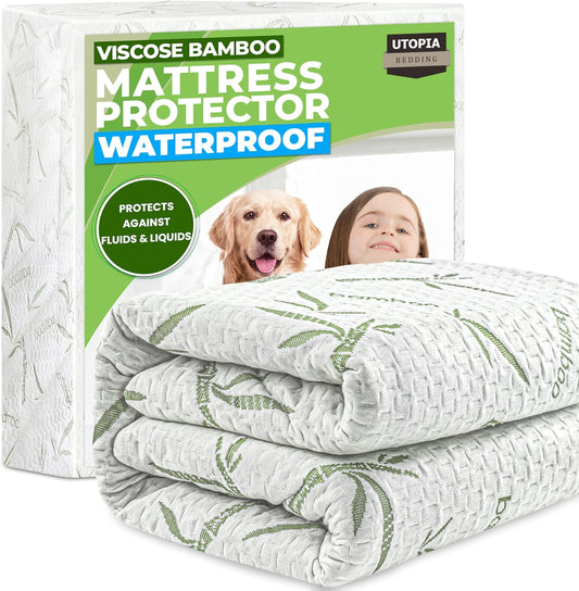 Utopia Bedding Waterproof Mattress Protector Queen Size Bed, Premium 200 GSM Bamboo Viscose Cooling Mattress Cover, Soft and Breathable, Fitted Style with 17 Inches Deep Stretchable Pockets