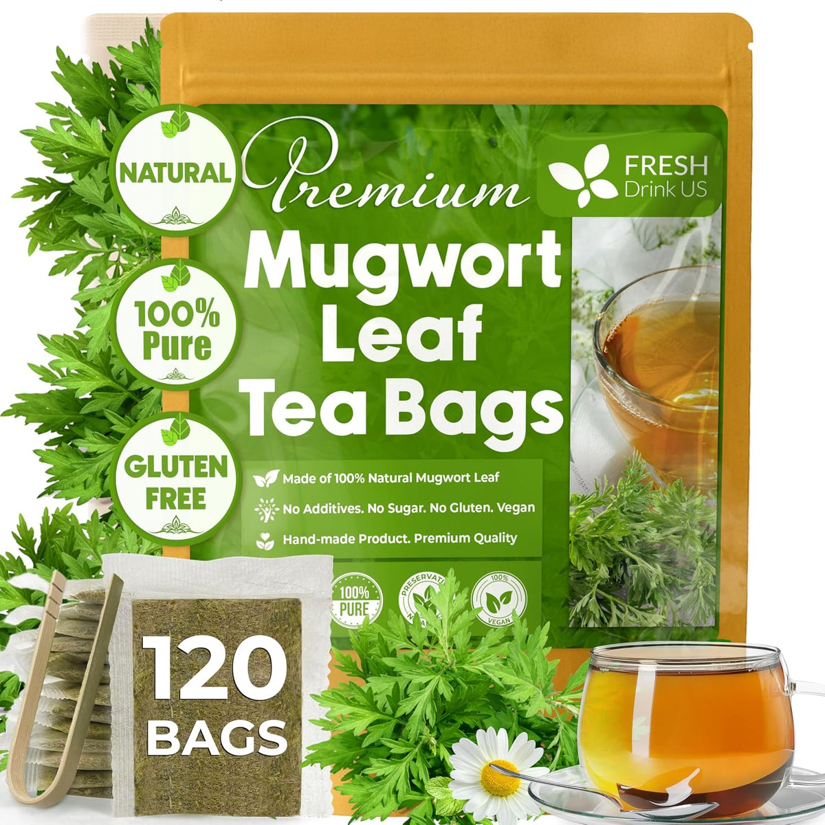FreshDrinkUS, Premium Mugwort Leaf Tea, 120 Count, Pure, Caffeine Free