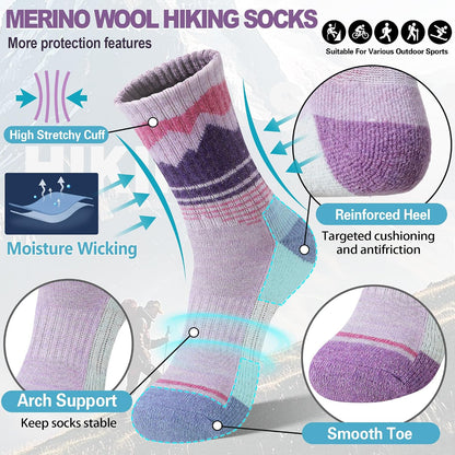 Sandsuced Merino Wool Hiking Warm Socks Thermal Winter Cozy Crew with Cushioned Sole & Moisture Wicking 5 Pairs for Women
