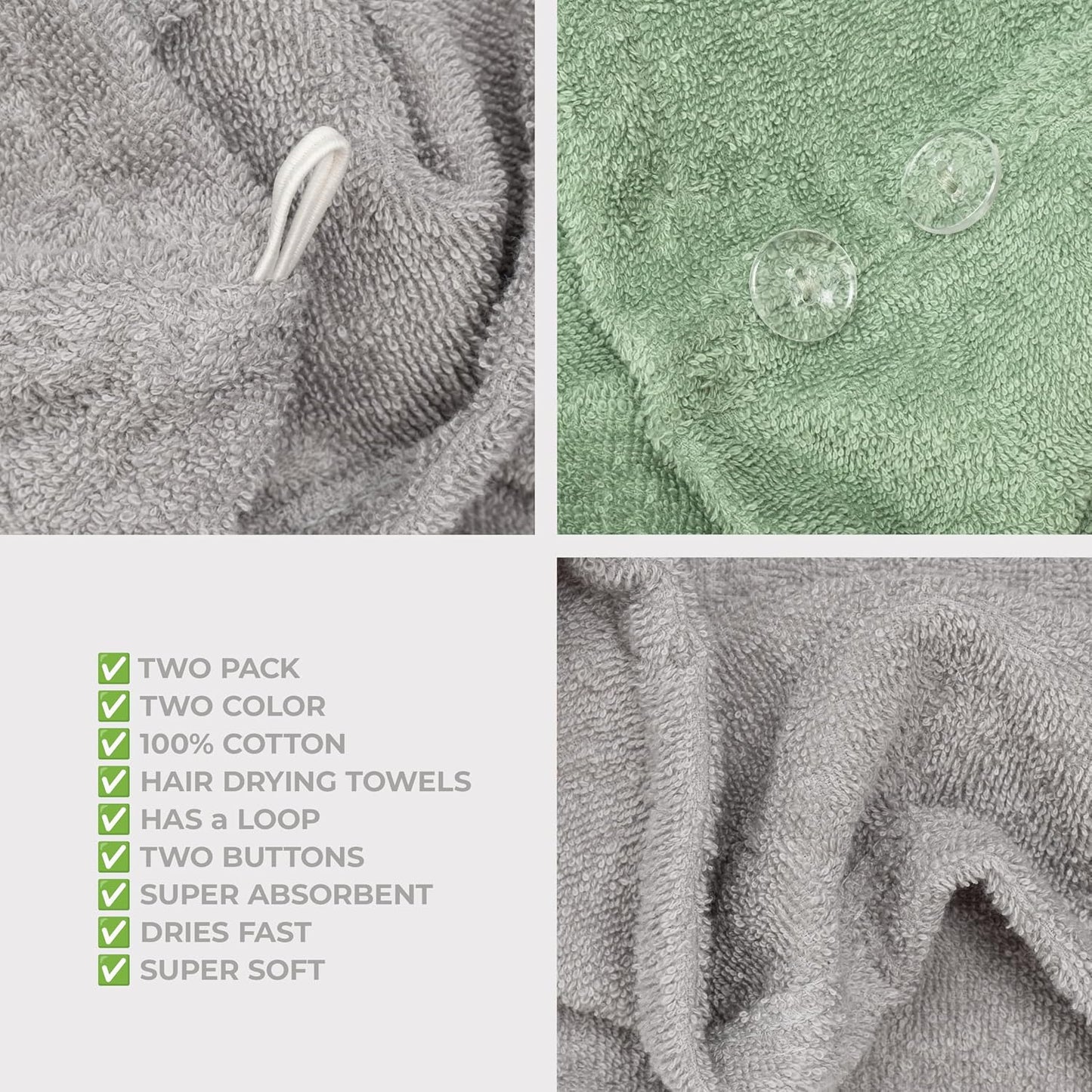 American Soft Linen 100% Cotton Hair Towels for Women, Head Towel Cap, Cotton Hair Turban Towel Wrap for Long Curly Anti Frizz Hair, Soft and Absorbent Cotton Hair Towels 2 Pack, White