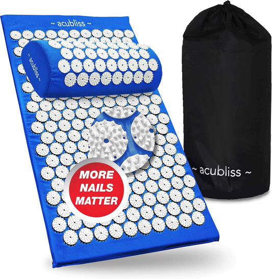 The Comfortable Acupressure Mat Pillow Massage Set - Neck & Back Pain Relief, Acupuncture Mat & Pillow Set for Increased Energy & Relaxation, Carry Bag, FSA/HSA Eligible, Blue
