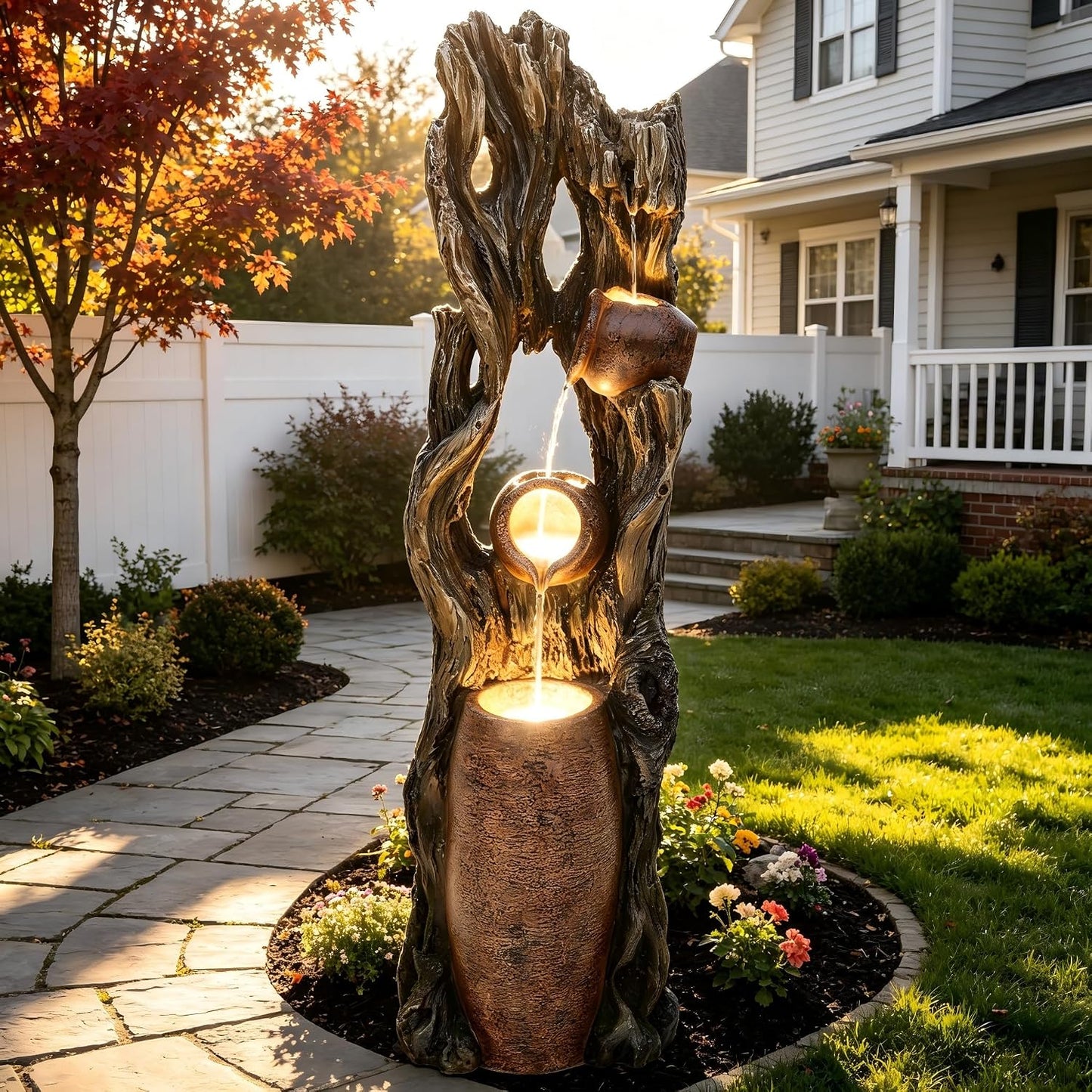 19.5" H 4-Tier Indoor & Outdoor Water Fountain with LED Lights | Resin Pebble Textured Tabletop Cascading Water Feature, Relaxing Decor for Patio, Porch, Deck, Yard & Home