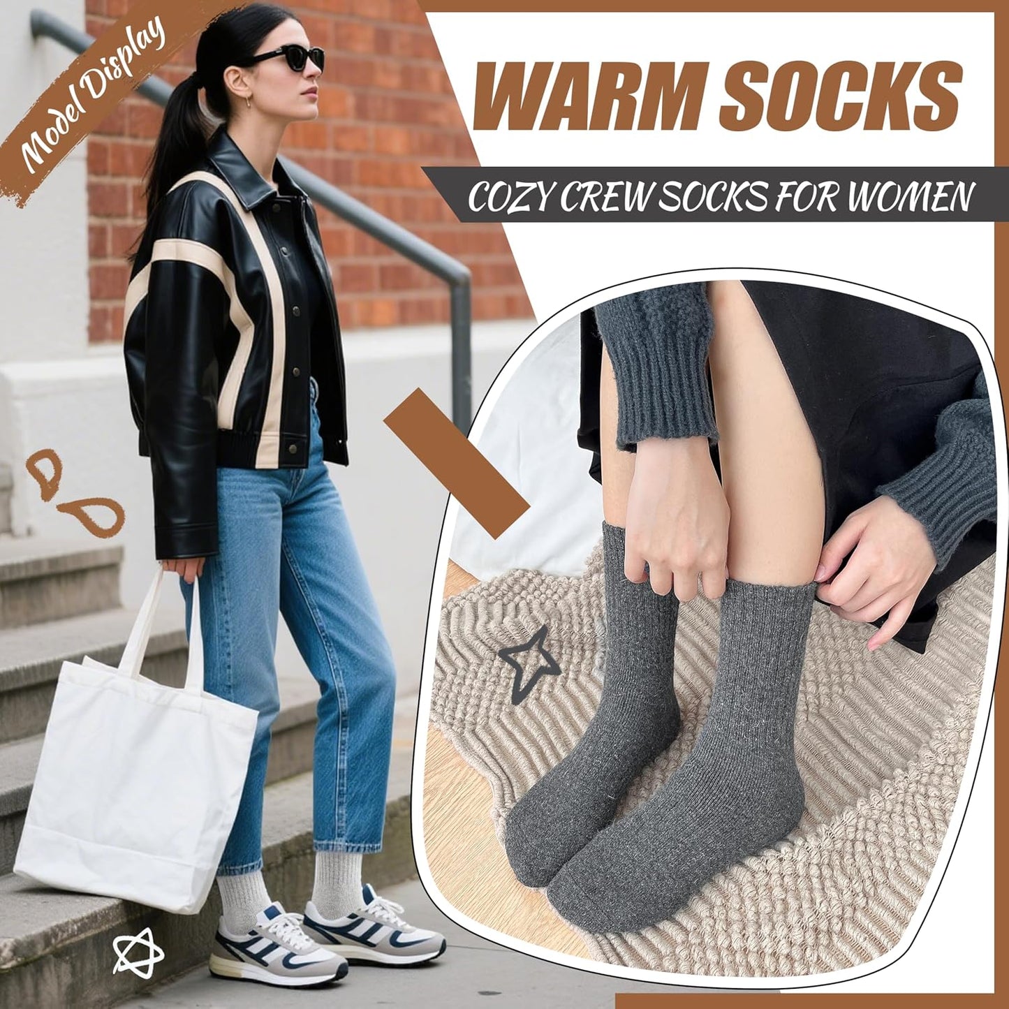EBMORE Merino Wool Socks for Women Hiking Thermal Warm Winter Thick Boot Cozy Crew Comfy Work Socks for Ladies 5 Pairs