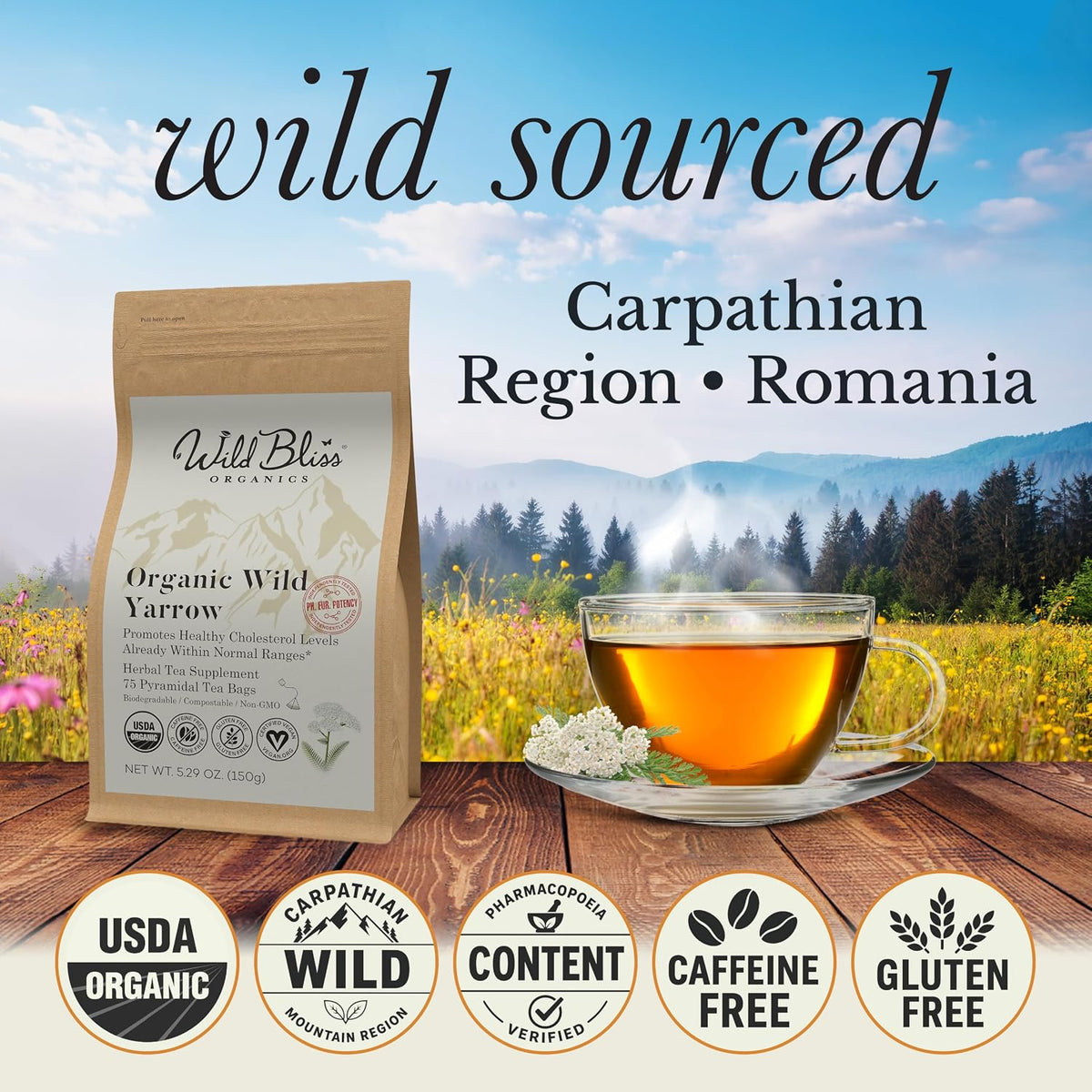 Organic Wild Yarrow Flower Herbal Tea, 75 Tea Bags