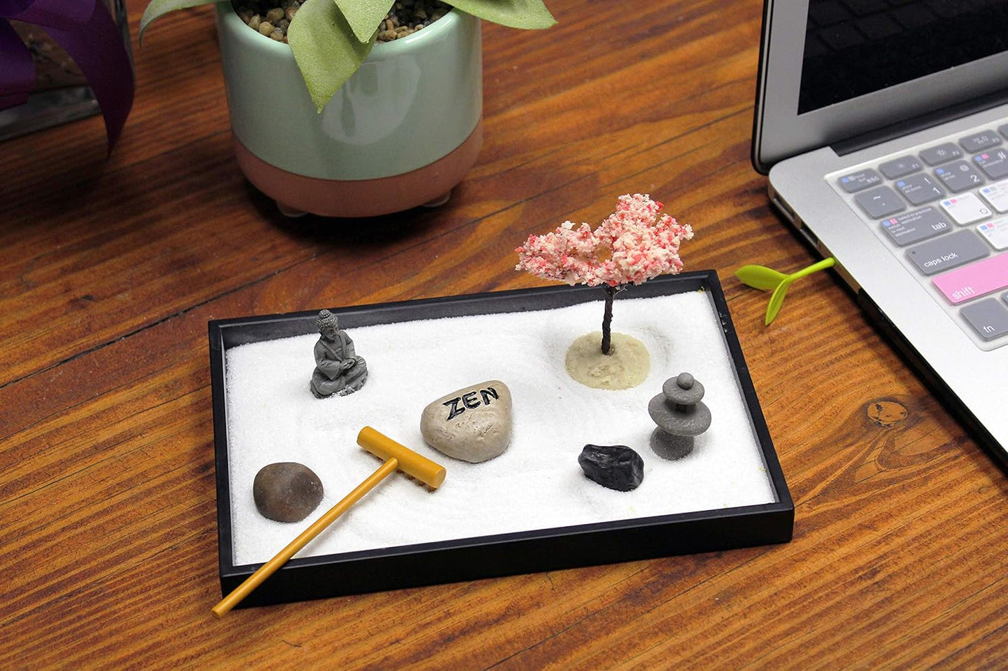 Nature's Mark Mini Zen Garden Kit for Desk with Rake, White Sand, Lotus Figure, 3 Sections Black Square Base, River Rocks and Black Rocks (9Lx9W C)