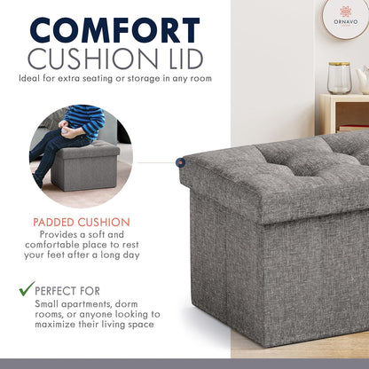 Ornavo Home Small Storage Ottoman Foldable Collapsible Rectangle Linen Ottoman Foot Rest Stool Seat, for Living Room, Bedroom, Home Office, Dorm - 12 x 16 x 12, Black