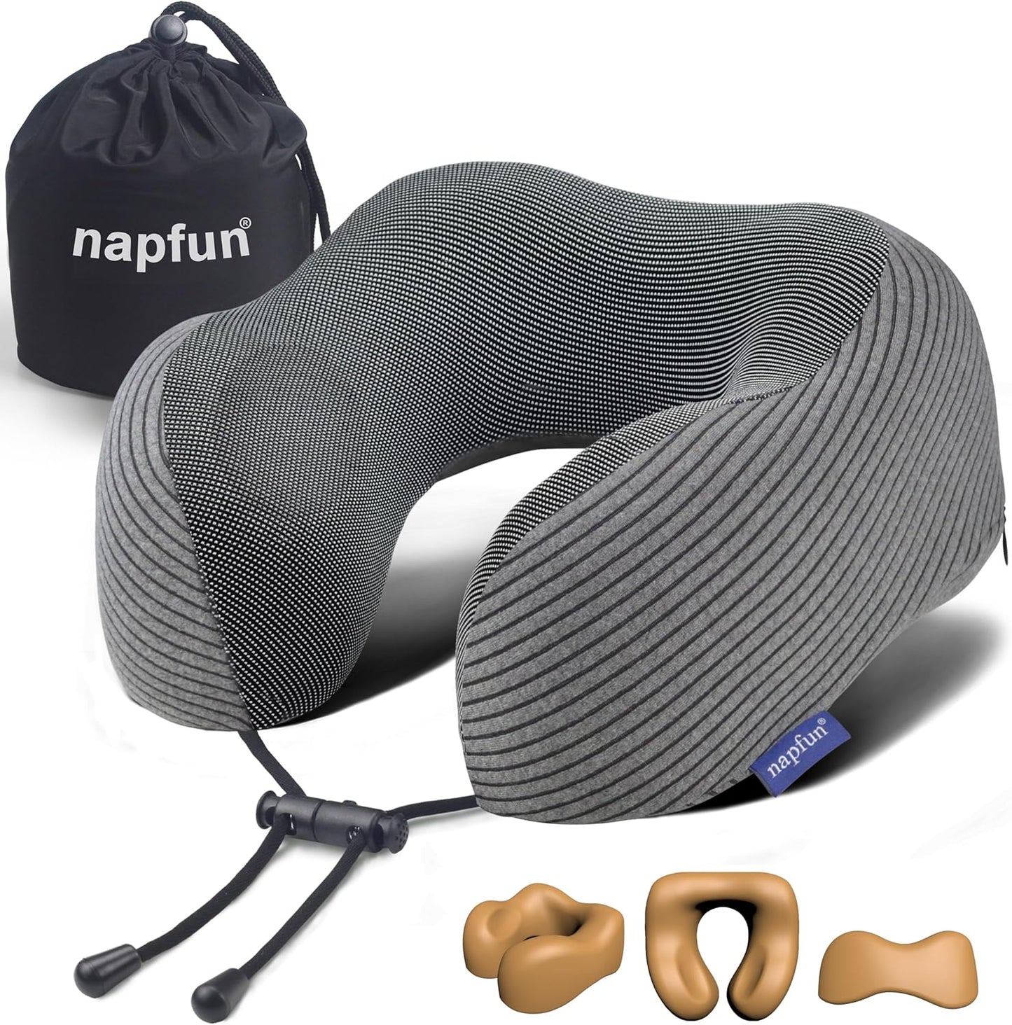 napfun Neck Pillow for Traveling, Upgraded Travel Neck Pillow for Airplane 100% Pure Memory Foam Travel Pillow for Flight Headrest Sleep, Portable Plane Accessories, Light Grey