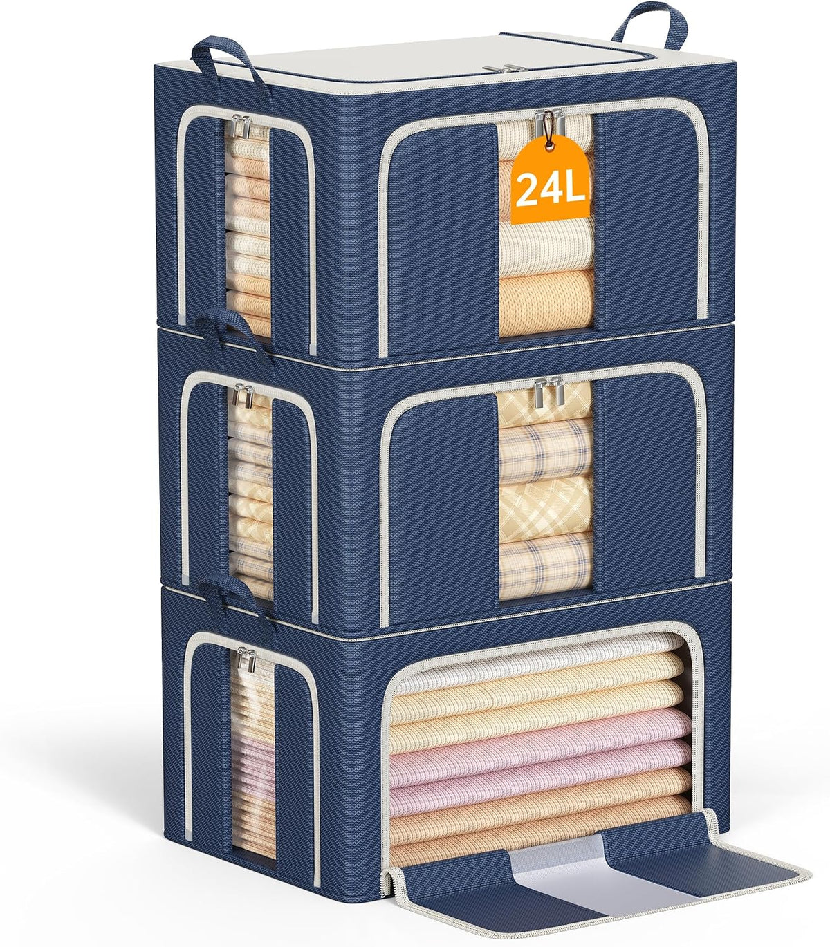 Clothes Storage Bins with Metal Frame Foldable Storage Box Clothes Organizers Storage Containers for Clothes Sheets Blankets Books Toys Gifts and Holiday Decorations (66Lx3 Pack)