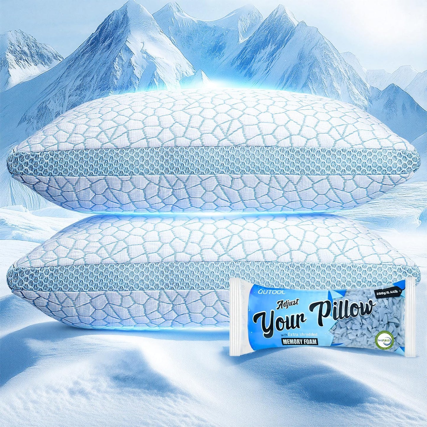 QUTOOL Double Sided Cooling Pillow for Hot Sleepers, Shredded Memory Foam Pillows Queen Size Set of 2, Adjustable Soft & Firm Gel Bed Pillow for Side, Back, Stomach Sleepers