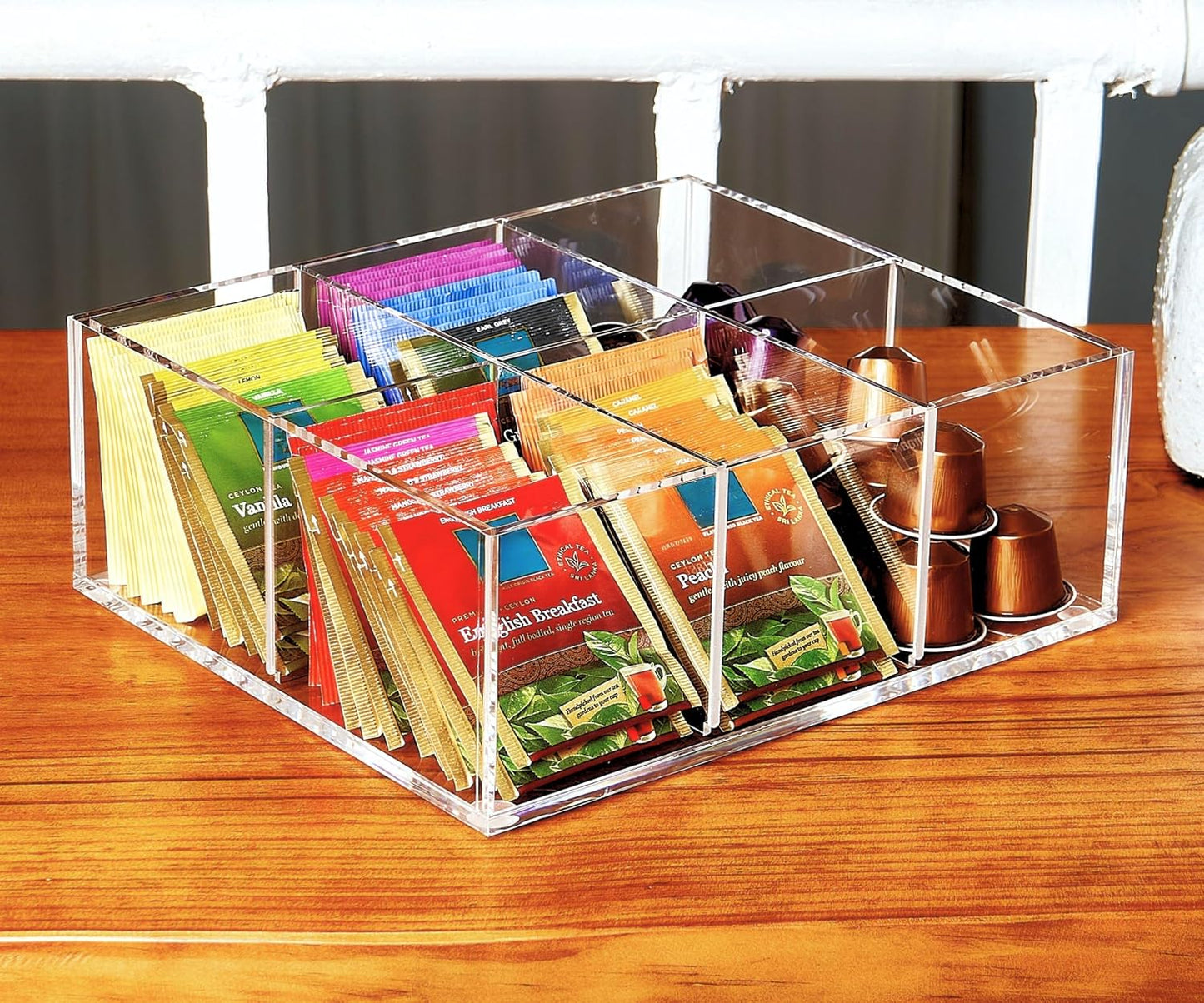 Heavy-Duty Acrylic Tea Bag Organizer, 8-Compartment Storage Box | Perfect Organizer: 8-compartment design keeps tea bags and coffee pods neatly sorted, saving space on your countertop.