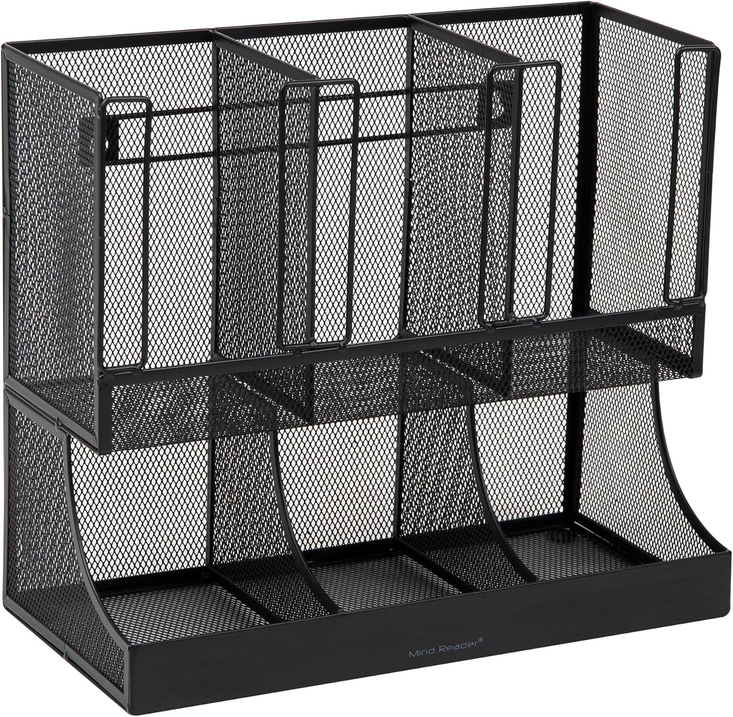 Mind Reader Condiment Station, 13 Inch Countertop Coffee Bar Organizer with 6 Compartments, Storage Caddy for Cups, Lids and Packets, Plastic, Black