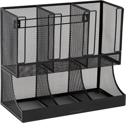 Mind Reader Condiment Station, 13 Inch Countertop Coffee Bar Organizer with 6 Compartments, Storage Caddy for Cups, Lids and Packets, Plastic, Black