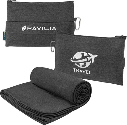 PAVILIA Travel Blanket Airplane Compact Pillow with Bag for Flights, Navy