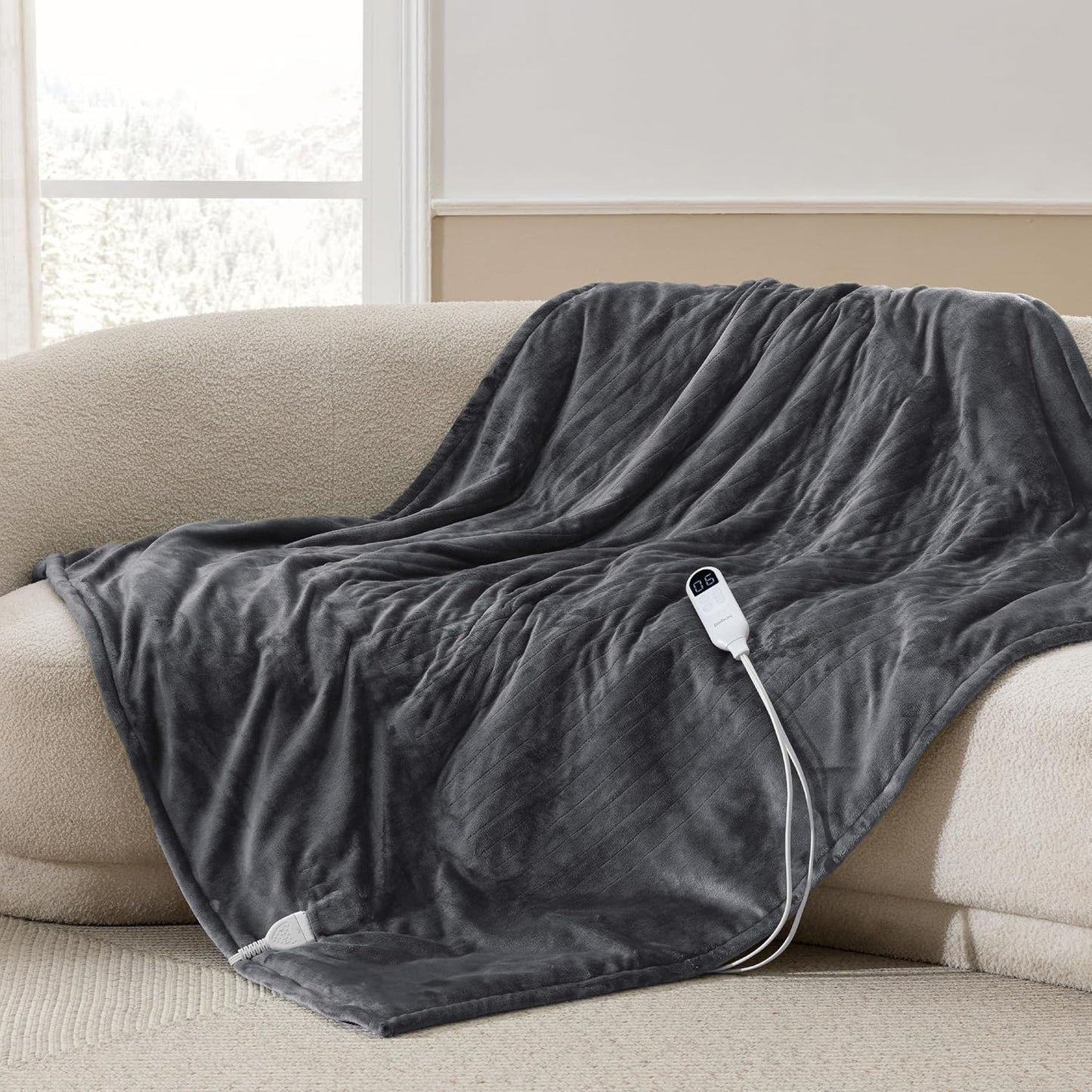Bedsure Heated Blanket Throw Blanket with Preheat Function - Fast Heating Electric Blanket, Soft Flannel Throw with 6 Time Settings(Up to 10H), 6 Heating Settings, Gifts for Grandma (50"x60", Cream)
