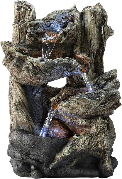 Alpine Corporation | 14"H Indoor Tiered Log Tabletop Fountain with LED Lights — Cascading Waterfall Design Creates Relaxing Ambiance for Home & Office Décor