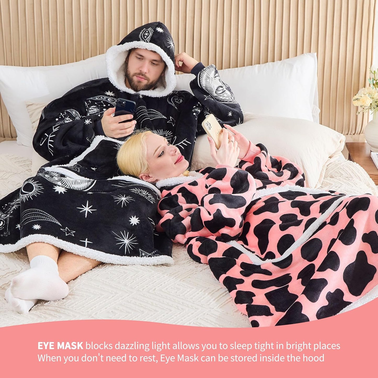 IFNOW Wearable Blanket Hoodie, Oversized Sherpa Fleece Hooded Blanket Sweatshirt with Eye Mask and Pocket, Comfy Long Flannel Blanket for Adults Men,Gifts for Women Mom Girlfriend,MoonFace