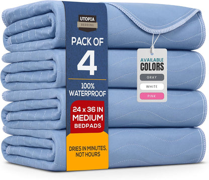 Utopia Bedding Washable Underpads 34" x 36" (Pack of 4), Waterproof Reusable Heavy Absorbency Incontinence Bed Pads for Adults, Kids, Elderly and Pets, Bedwetting Pads for Sofa and Couch (Blue)