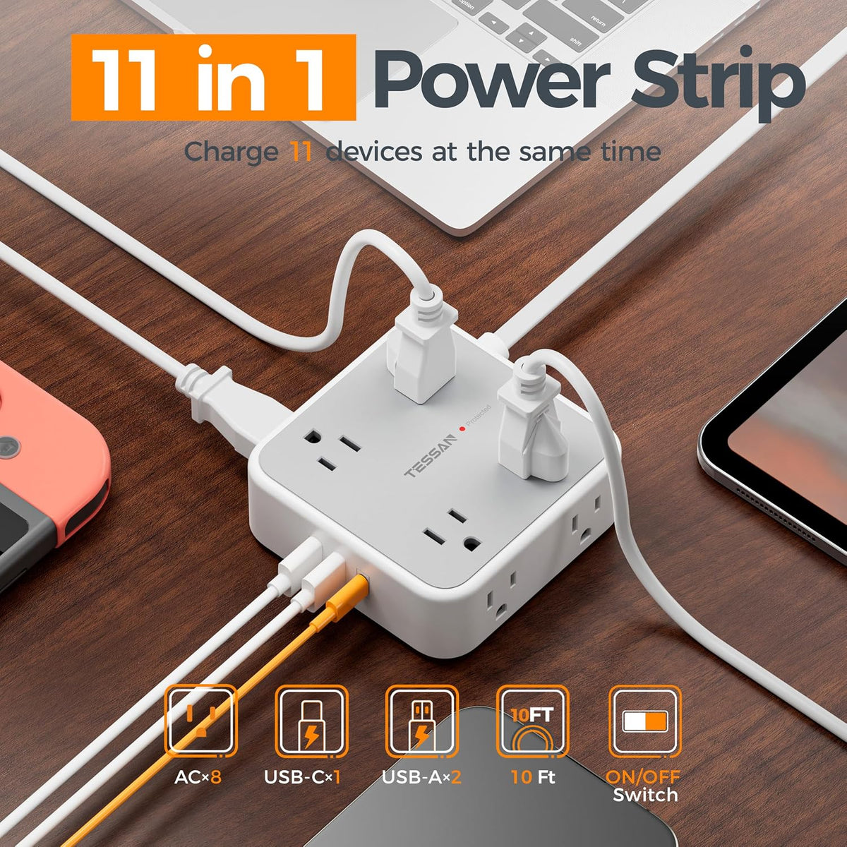 TESSAN Surge Protector Power Strip with 900J Surge Protection, 5 Ft, Grey