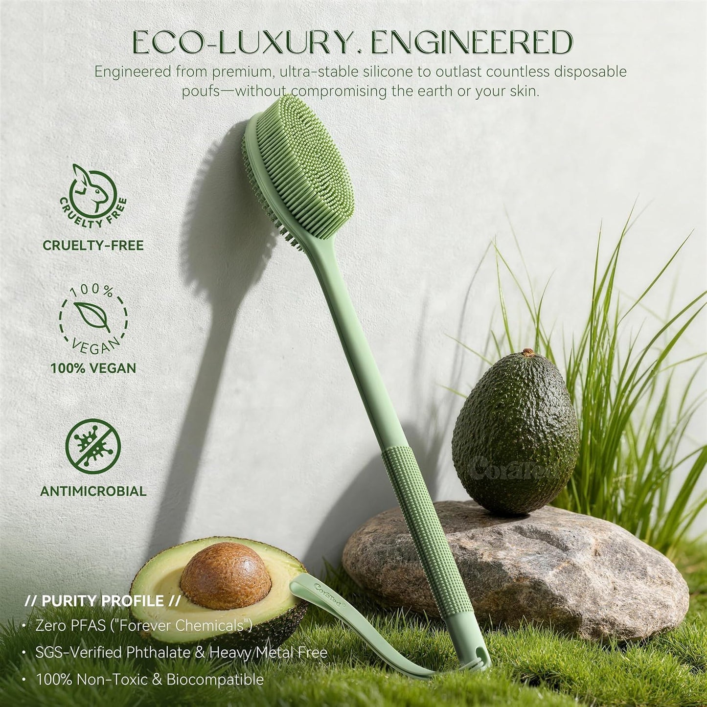 CORATED Silicone Back Scrubber for Shower, Exfoliating Body Scrubber with Long Handle, 2‑in‑1 Body Brush for Women & Men Daily Use, Loofah Alternative Bath Accessories