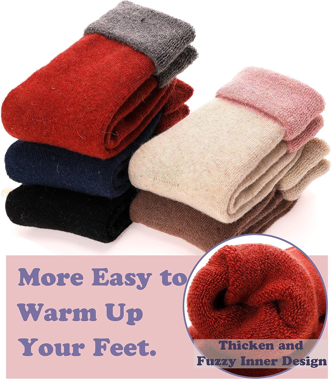 EBMORE 5 Pairs Women Merino Wool Boot Socks Warm Thermal Winter Thick Hiking Cozy Cabin Crew Comfy Socks for Ladies