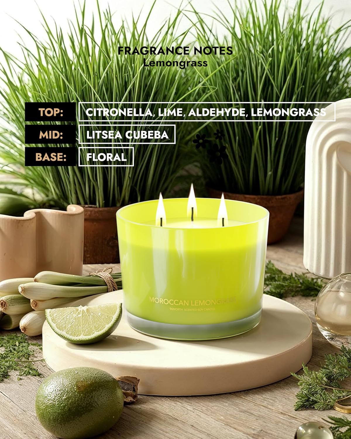 96NORTH Luxury Vanilla Soy Candles | Large 3 Wick Jar Candle | Up to 50 Hours Burning Time | 100% Natural Soy Wax | Relaxing Aromatherapy Aesthetic Candle | Housewarming Gift for Men and Women