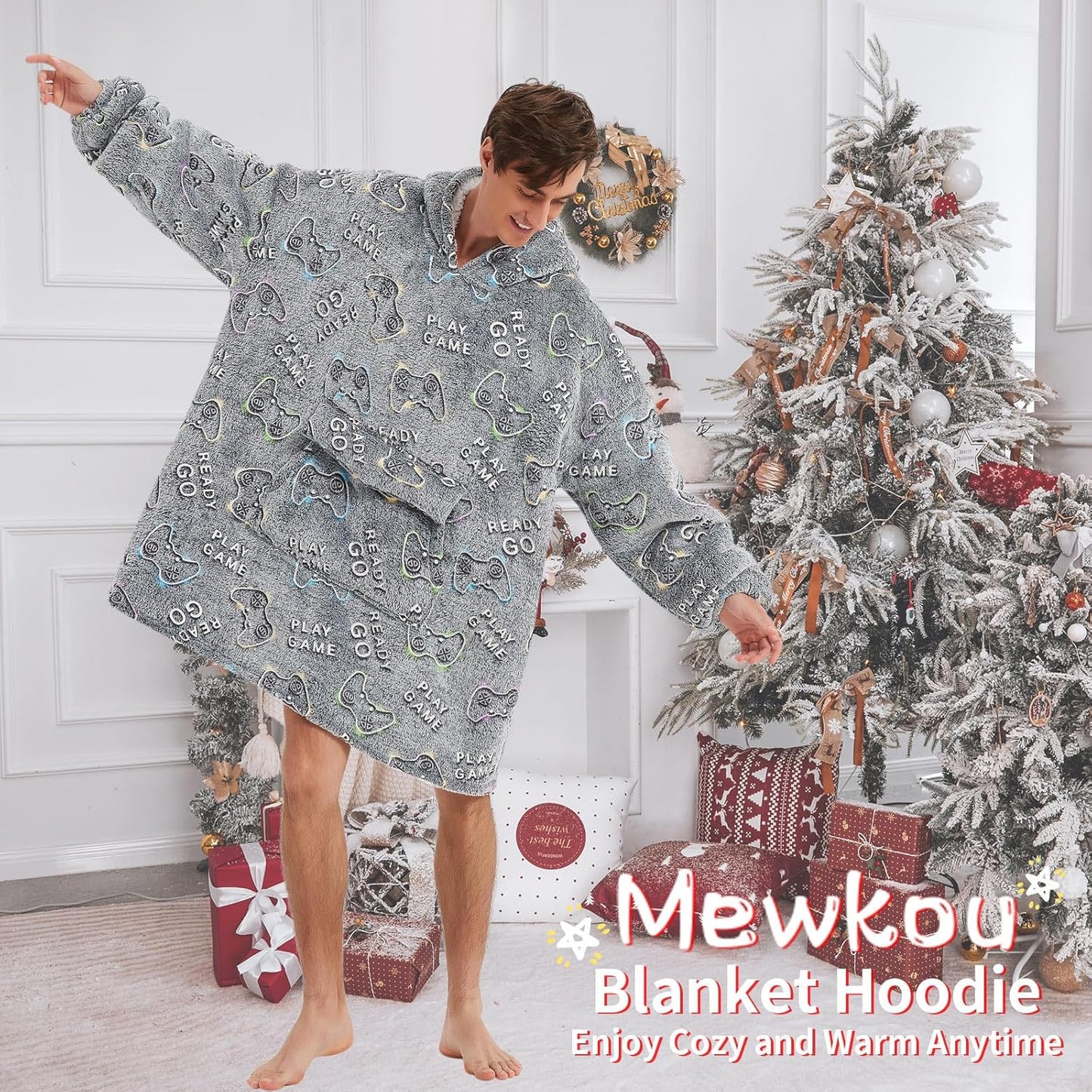 Mewkou Wearable Blanket Hoodie for Adult,Oversized Sherpa Fleece Blanket Hoodie for Women Men,Grey
