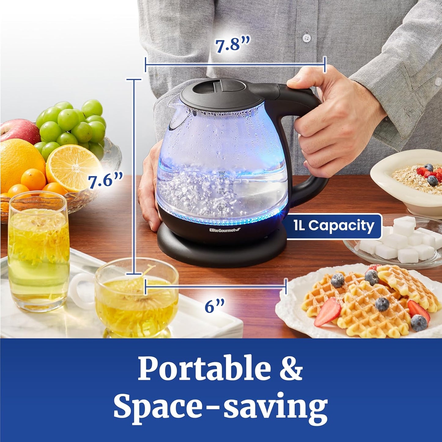 Elite Gourmet EKT3001 1L Digital Water Kettle, 304 Stainless Steel Interior, Programmed Temperatures, Keep Warm Function, Cordless, 360° Base, Auto Off & Audible Indicator, Matte Black