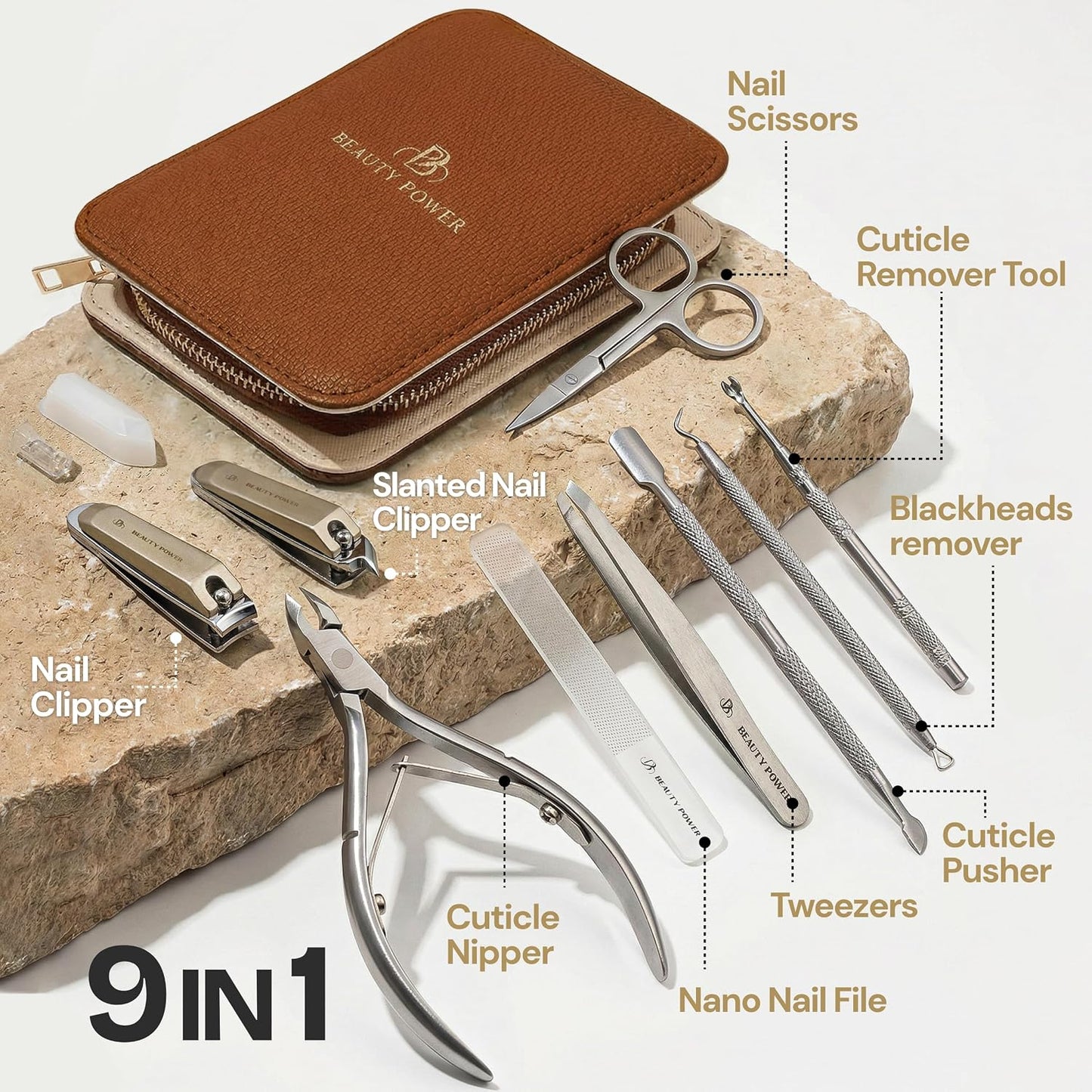 Beauty Power 9 in 1 Professional Manicure Pedicure Set - Stainless Steel Nail Clippers, Nano File, Cuticle Nipper, Scissors, Tweezers, Travel PU Leather Case for Men & Women - Gift Idea - Pink