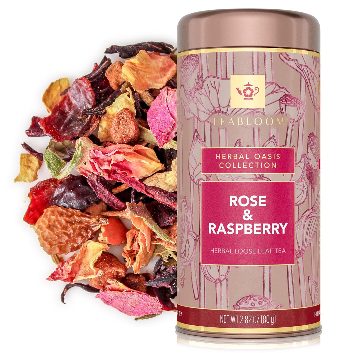 Teabloom Rose and Raspberry Loose Leaf Herbal Tea with Rose Petals & Berries | Floral Fruit Caffeine-Free Blend | Canister Makes 35–50 Cups | Gift-Ready Reusable Tin