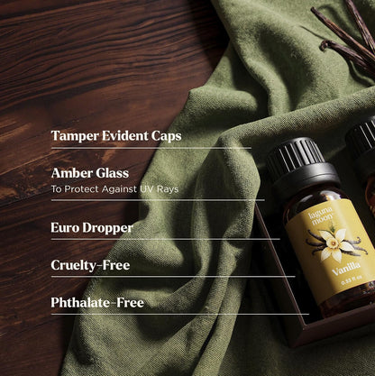 Lagunamoon Essential Oils Aromatherapy Set - 6 Oils for Diffusers, Home Care, Candle Making Scents, Fragrance, Humidifiers, Gifts - Peppermint, Tea Tree, Lavender, Eucalyptus, Orange (10mL)