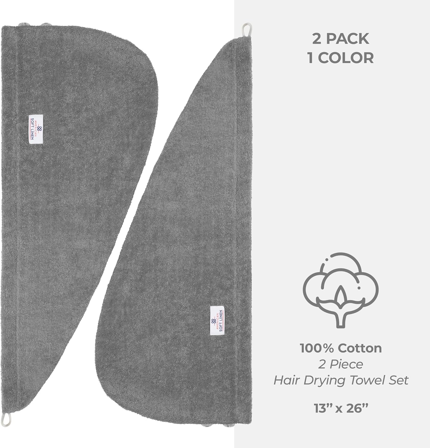 American Soft Linen 100% Cotton Hair Towels for Women, Head Towel Cap, Cotton Hair Turban Towel Wrap for Long Curly Anti Frizz Hair, Soft and Absorbent Cotton Hair Towels 2 Pack, White