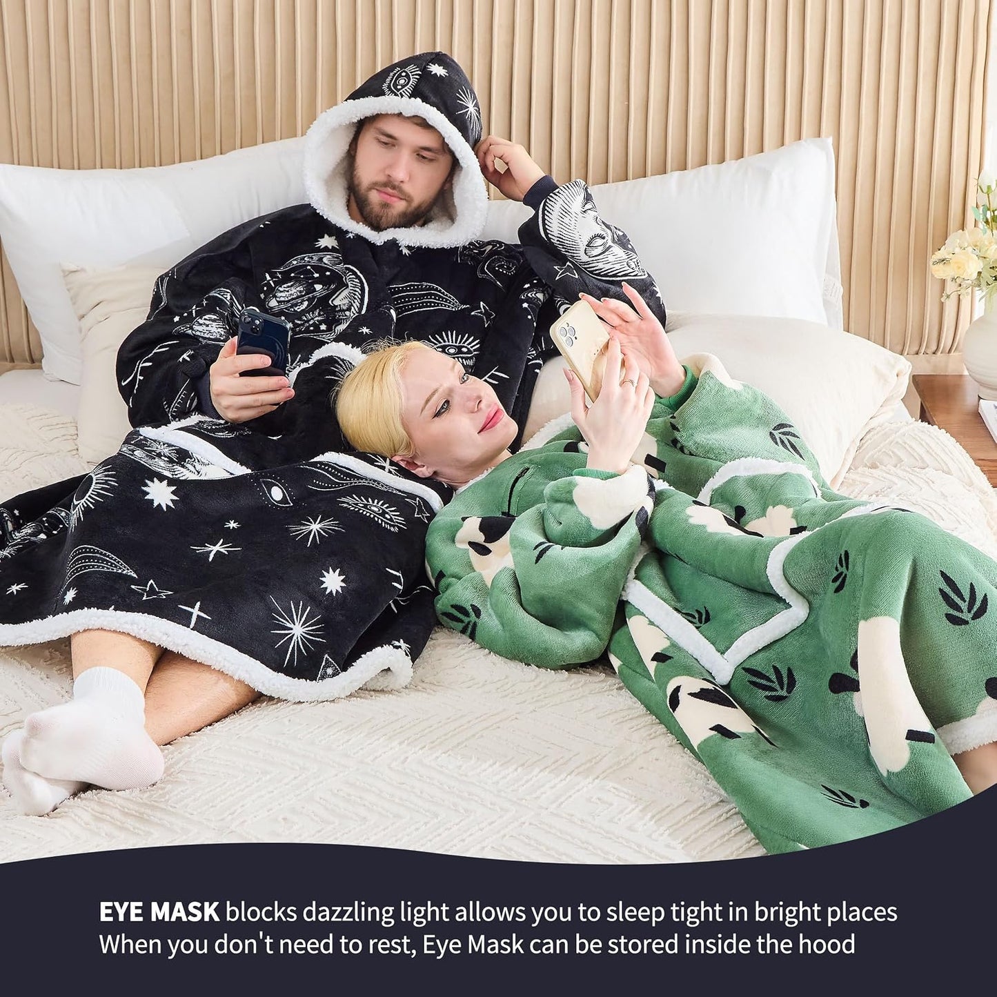 IFNOW Wearable Blanket Hoodie, Oversized Sherpa Fleece Hooded Blanket Sweatshirt with Eye Mask and Pocket, Comfy Long Flannel Blanket for Adults Men,Gifts for Women Mom Girlfriend,MoonFace