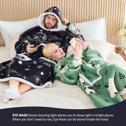 IFNOW Wearable Blanket Hoodie, Oversized Sherpa Fleece Hooded Blanket Sweatshirt with Eye Mask and Pocket, Comfy Long Flannel Blanket for Adults Men,Gifts for Women Mom Girlfriend,MoonFace
