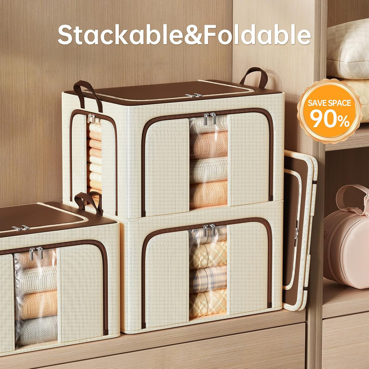 Clothes Storage Bins with Metal Frame Foldable Storage Box Clothes Organizers Storage Containers for Clothes Sheets Blankets Books Toys Gifts and Holiday Decorations (66Lx3 Pack)