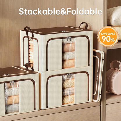 Clothes Storage Bins with Metal Frame Foldable Storage Box Clothes Organizers Storage Containers for Clothes Sheets Blankets Books Toys Gifts and Holiday Decorations (66Lx3 Pack)