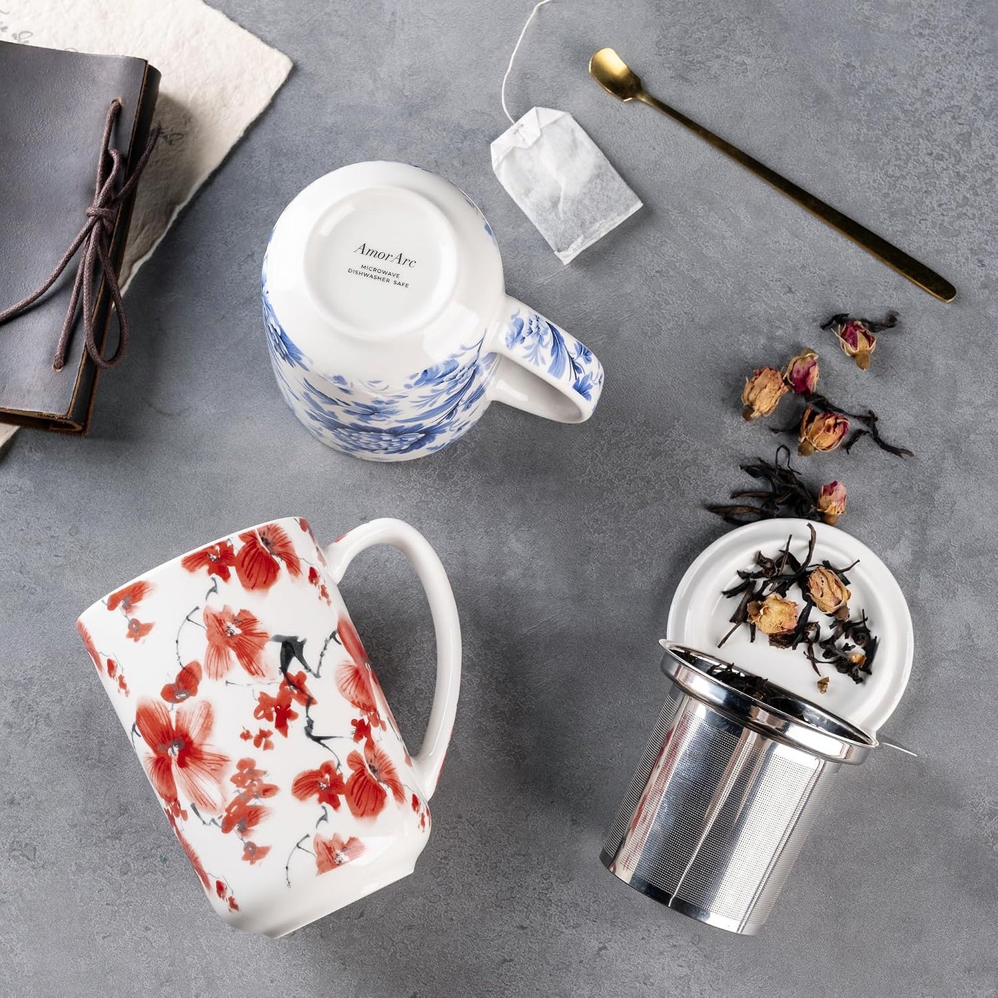AmorArc Porcelain Tea Mug with Infuser and Lids, 18 Oz Large Cup Strainer with Bag Holder for Loose Leaf Tea, Steeping Coffee Mug for House-warming Wedding Birthday Gift