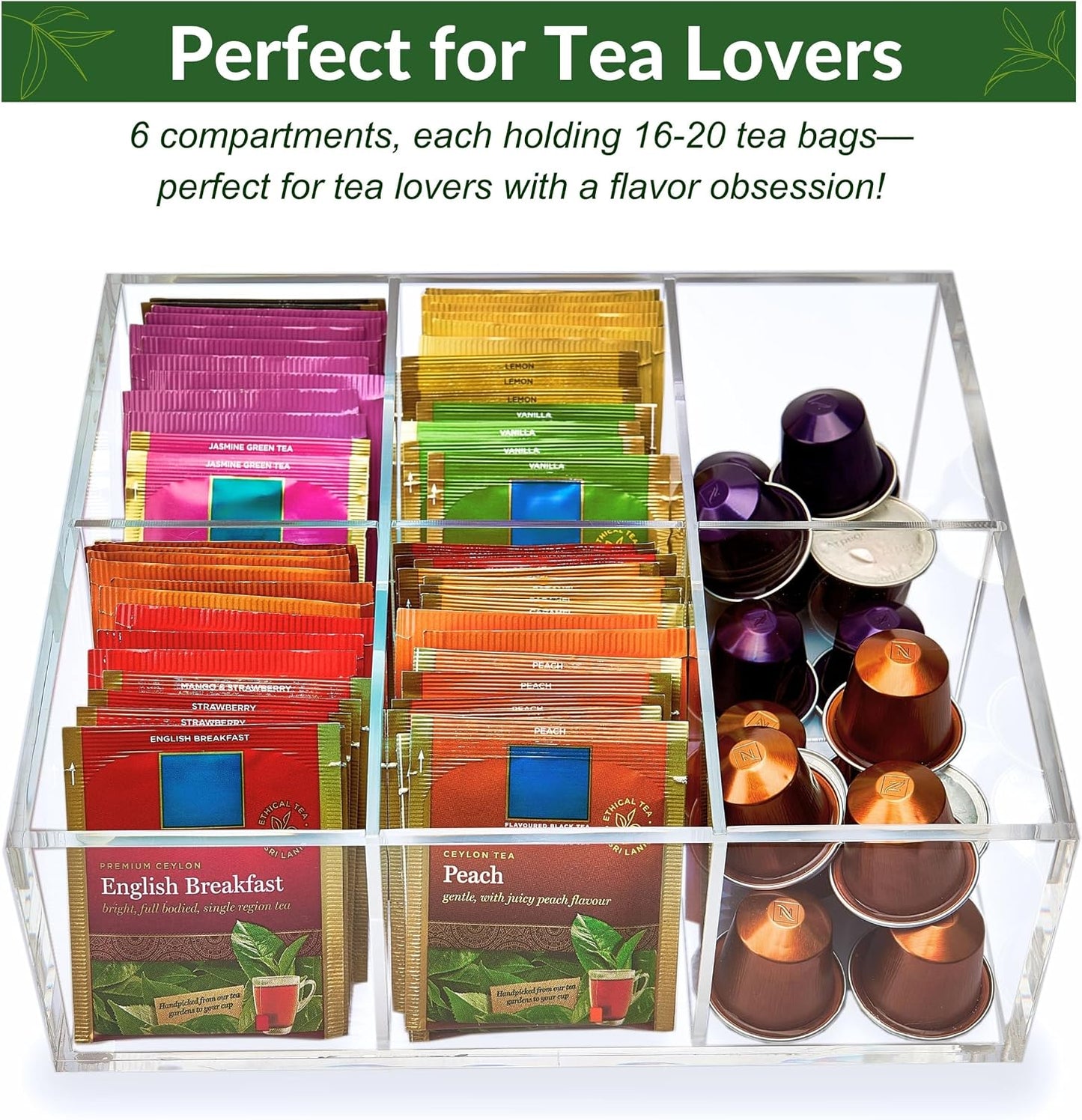 Heavy-Duty Acrylic Tea Bag Organizer, 8-Compartment Storage Box | Perfect Organizer: 8-compartment design keeps tea bags and coffee pods neatly sorted, saving space on your countertop.